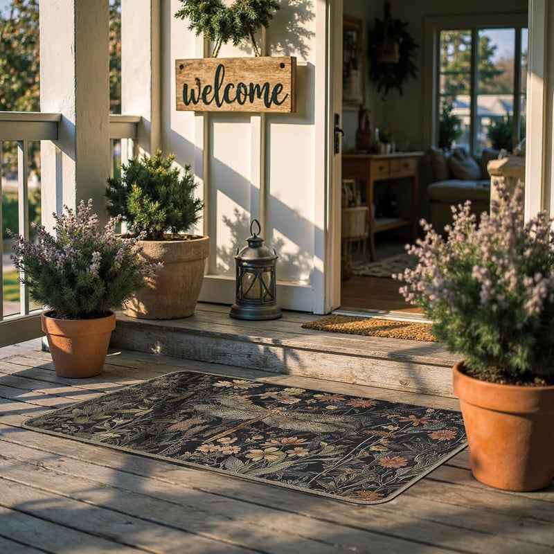 GTYNU Moody Floral Dragonfly Door Mat 17 x 30,Dark Cottagecore Botanical Dragonfly Doormat Gifts for Women,Funny Decorative Outdoor Mats for Front Door - Image 4